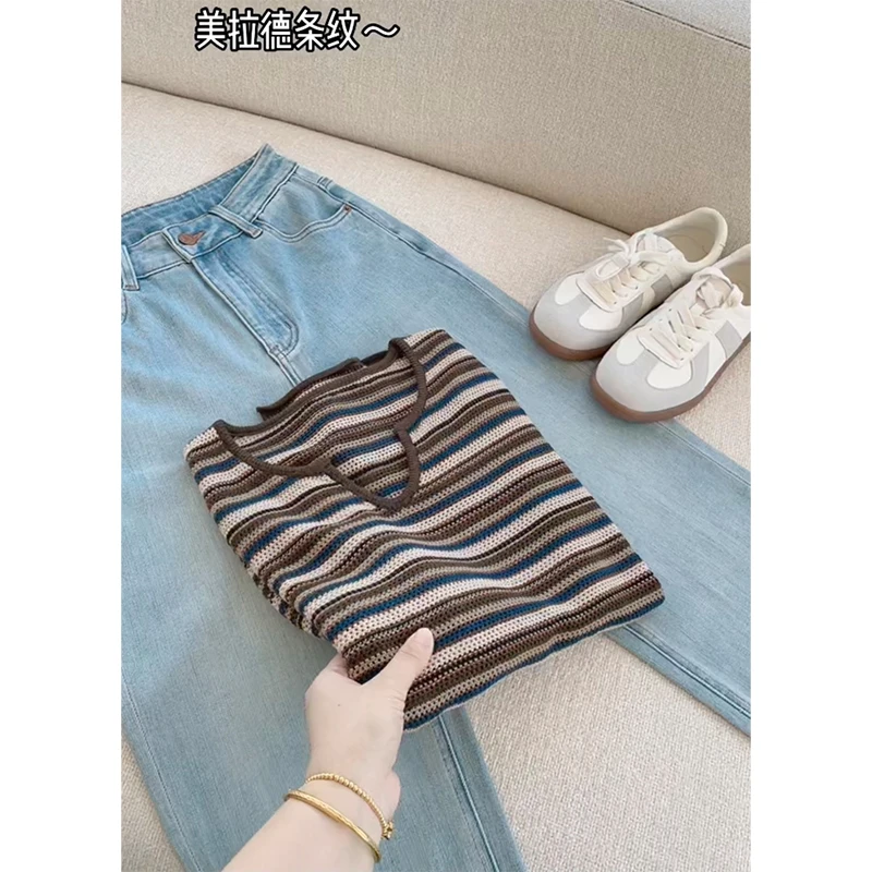 【丹姐家~美拉德条纹~】韩系剪刀V领条纹撞色羊毛针织衫