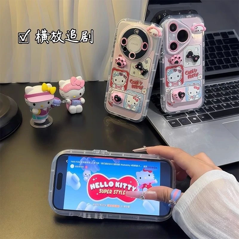 kt猫公仔镜子支架适用苹果16手机壳iPhone15/14ProMax女款13/12套