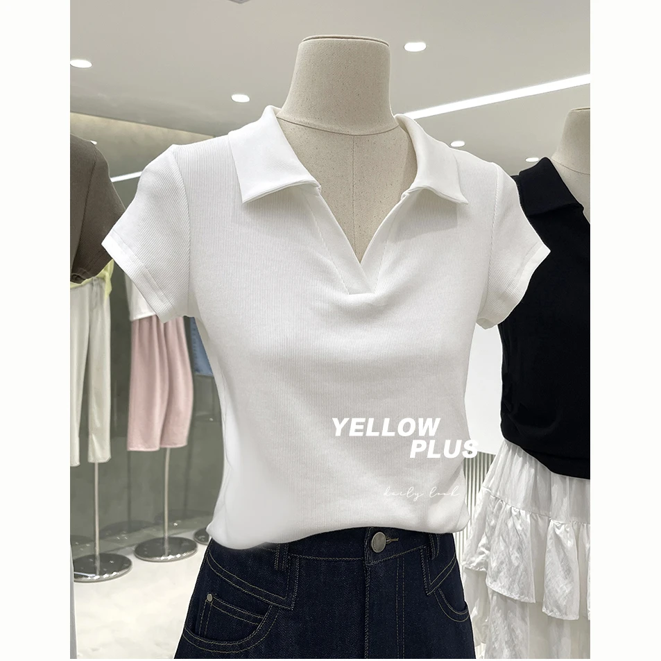 气质V领polo领短袖上衣女2025新款设计感修身显瘦T恤2025夏季穿搭