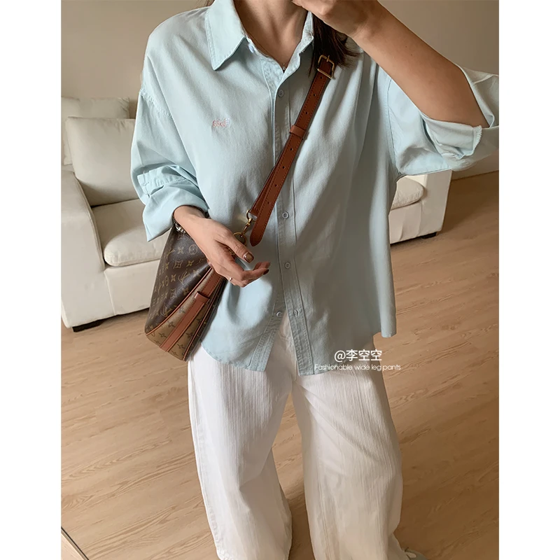 李空空【泡菜学姐】蓝色衬衫女长袖秋季百搭显瘦上衣小个子打底衬衣