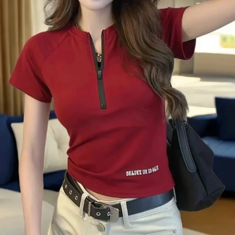 欧货半拉链字母正肩短袖t恤女2025夏季新款洋气百搭显瘦短款上衣