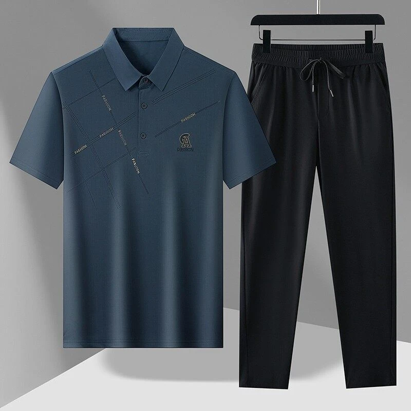 夏季新款爸爸装舒适百搭冰丝翻领短袖POLO衫休闲套装