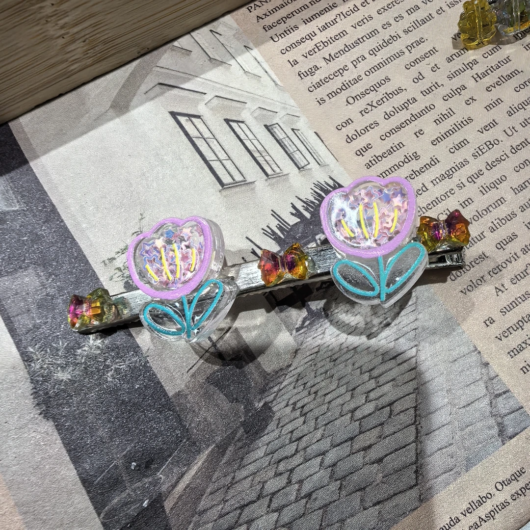 B121粉色郁金香蝴蝶结闪闪长边夹