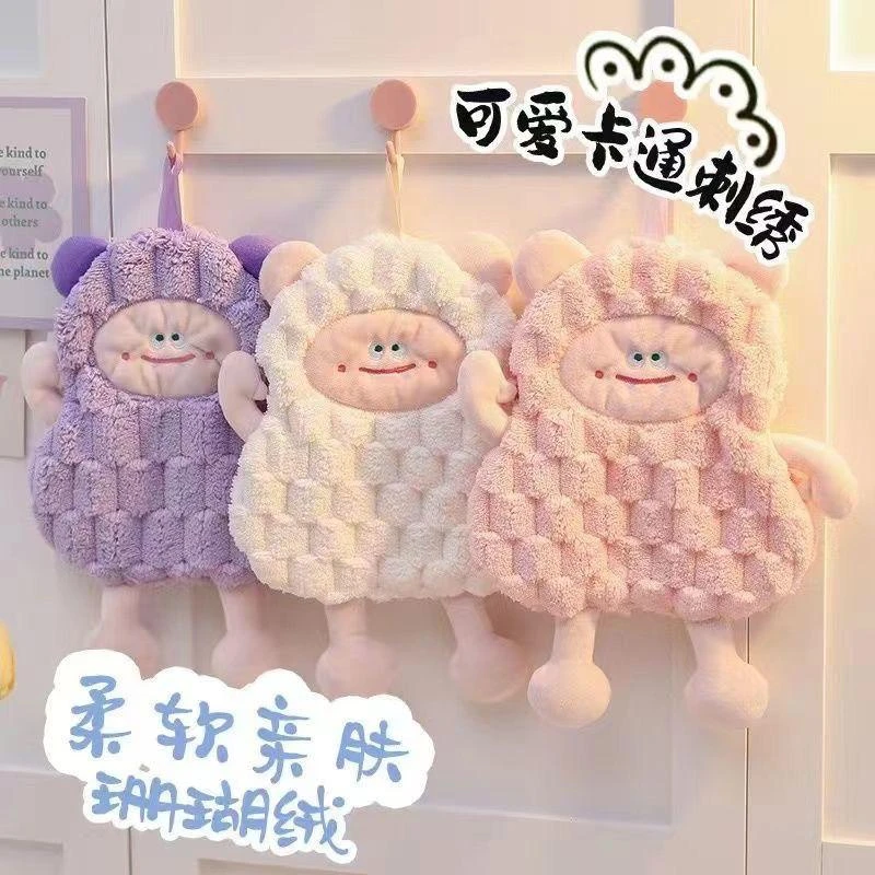 可挂式卡通擦手巾吸水家用加大厚毛巾厨房卫生间抹手布可爱手帕Q