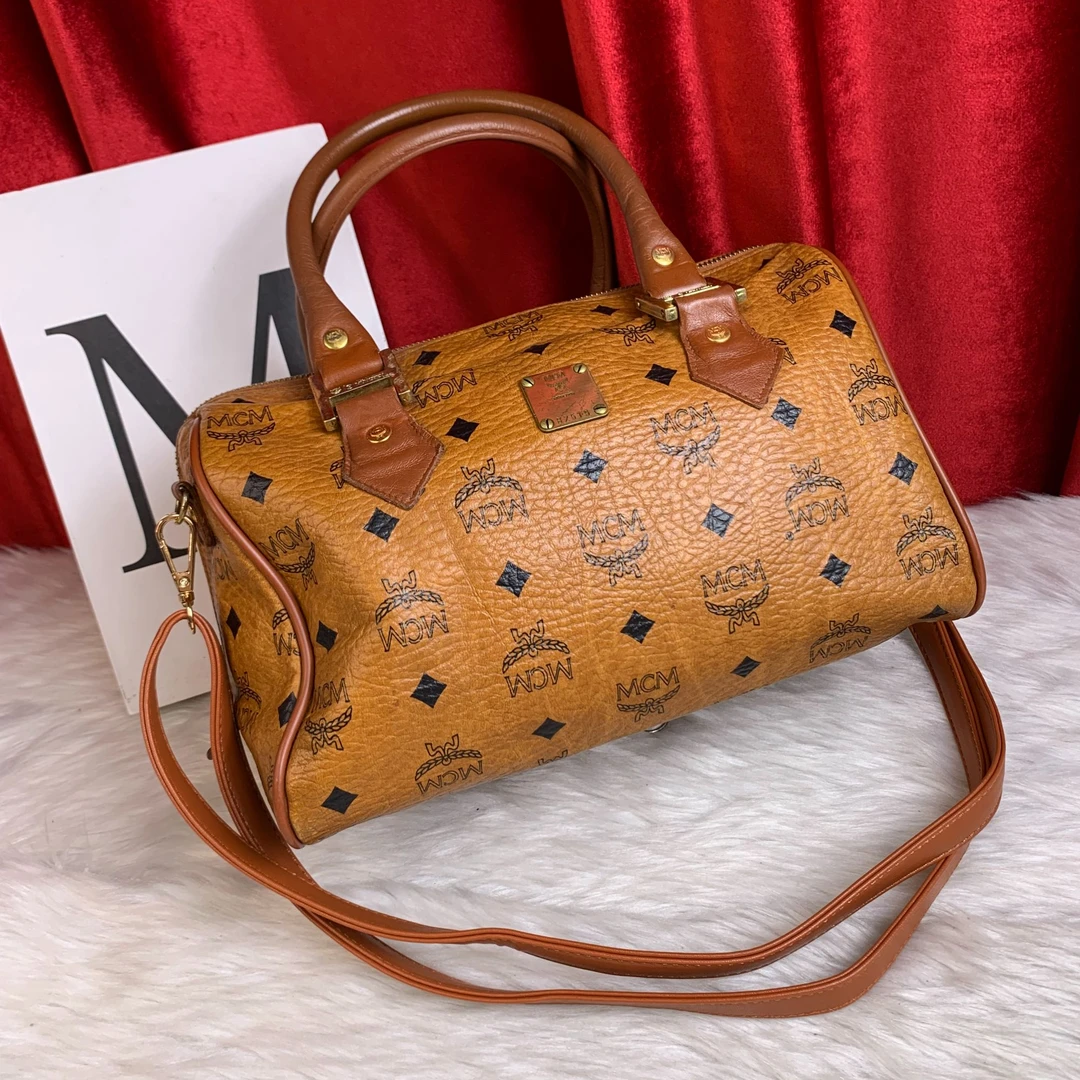 95新 MCM 干邑色波士顿包/EE09513027/3027/瑕