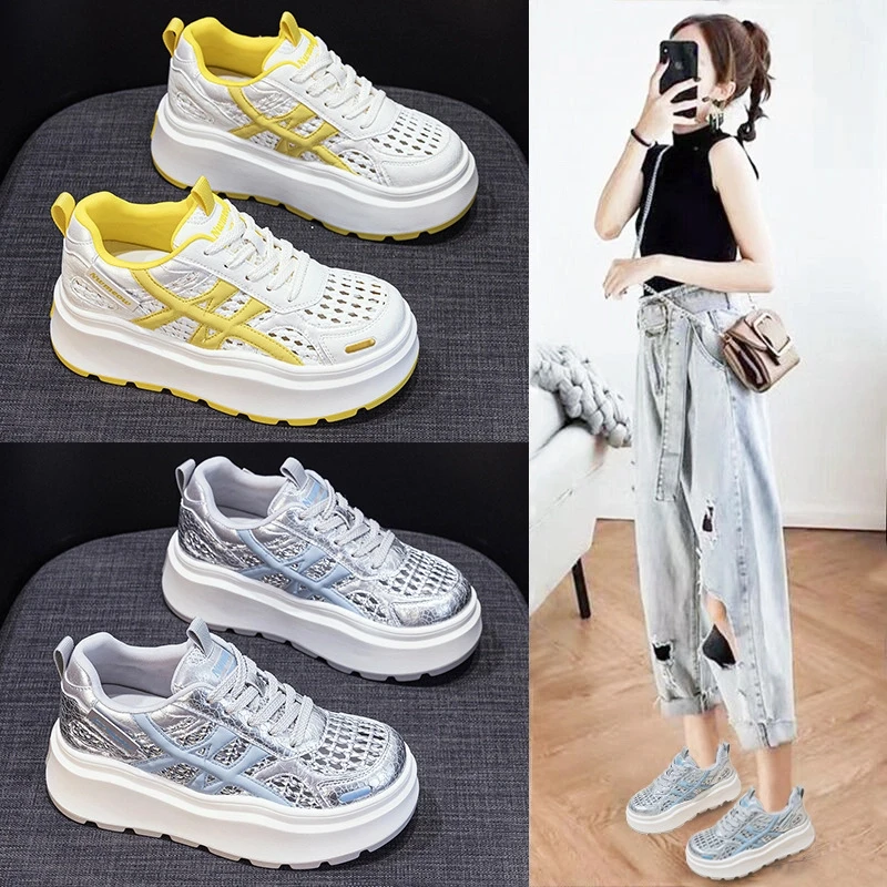 万达撤柜头层牛皮小白鞋2025秋季新款镂空网面透气厚底增高休闲鞋