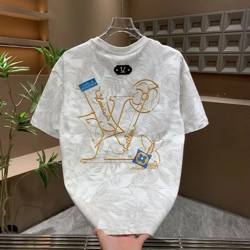 美式休闲男装宽松时尚半袖夏季透气轻薄设计感字母重磅刺绣体恤衫