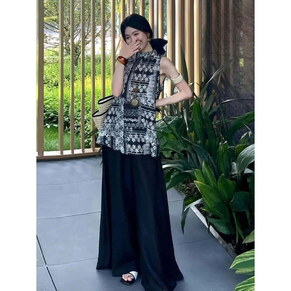 新中式无袖上衣国风套装女夏季新款宽松裤子阔腿裤两件套巨好看的