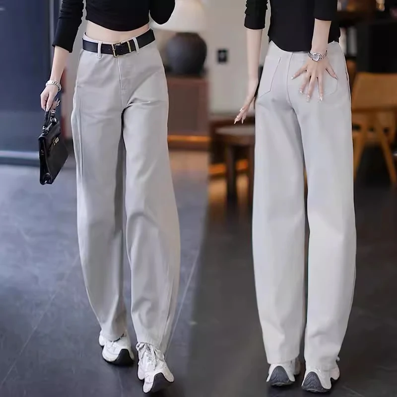 拉夏贝尔高级感阔腿牛仔裤女2025新款春秋高腰垂感宽松直筒休闲裤