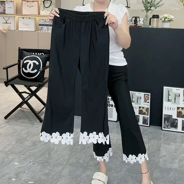 高腰高弹洋气立体蕾丝花朵八分烟管小微喇裤女大码修身显瘦休闲裤
