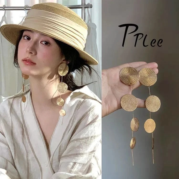 老钱风~金色圆片长款流苏耳环夸张小众设计高级感气质时尚耳钉女