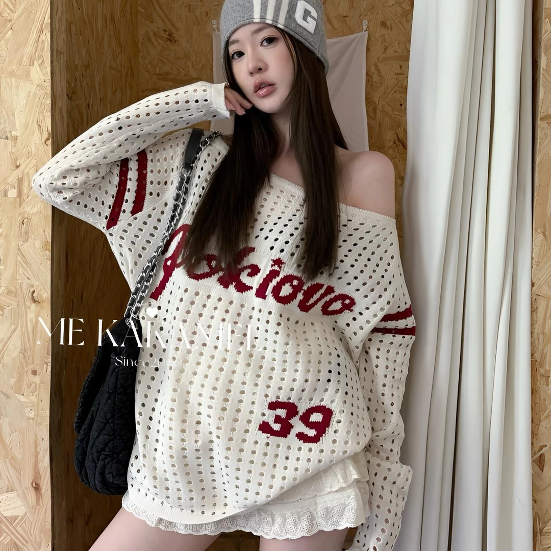 美式复古字母镂空长袖针织衫女初秋2025韩系辣妹宽松显瘦短袖上衣