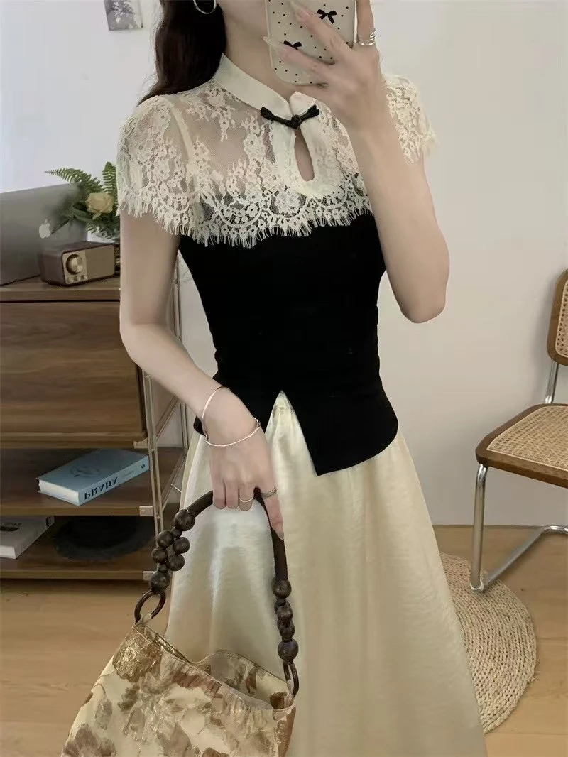 新中式轻熟风通勤仙女风时尚套装连衣裙拼接泡泡袖