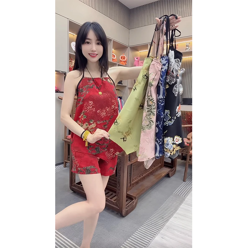 国风复古缎面印花系带挂脖吊带背心女肚兜兜短裤两件套睡衣家居服