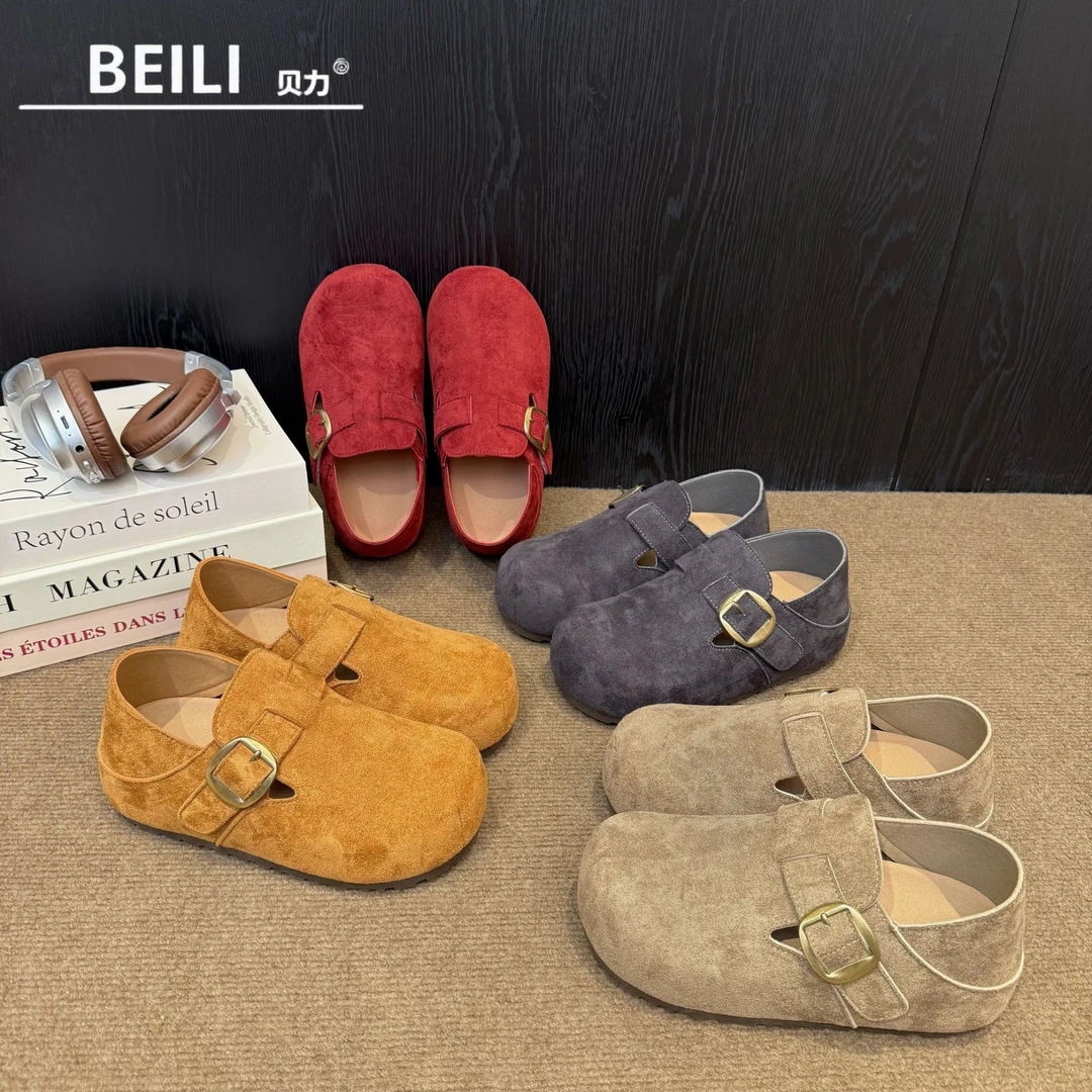 BEILI【隐形增高一脚蹬真皮勃肯】秋意浓浓复古风扣带懒人勃肯鞋