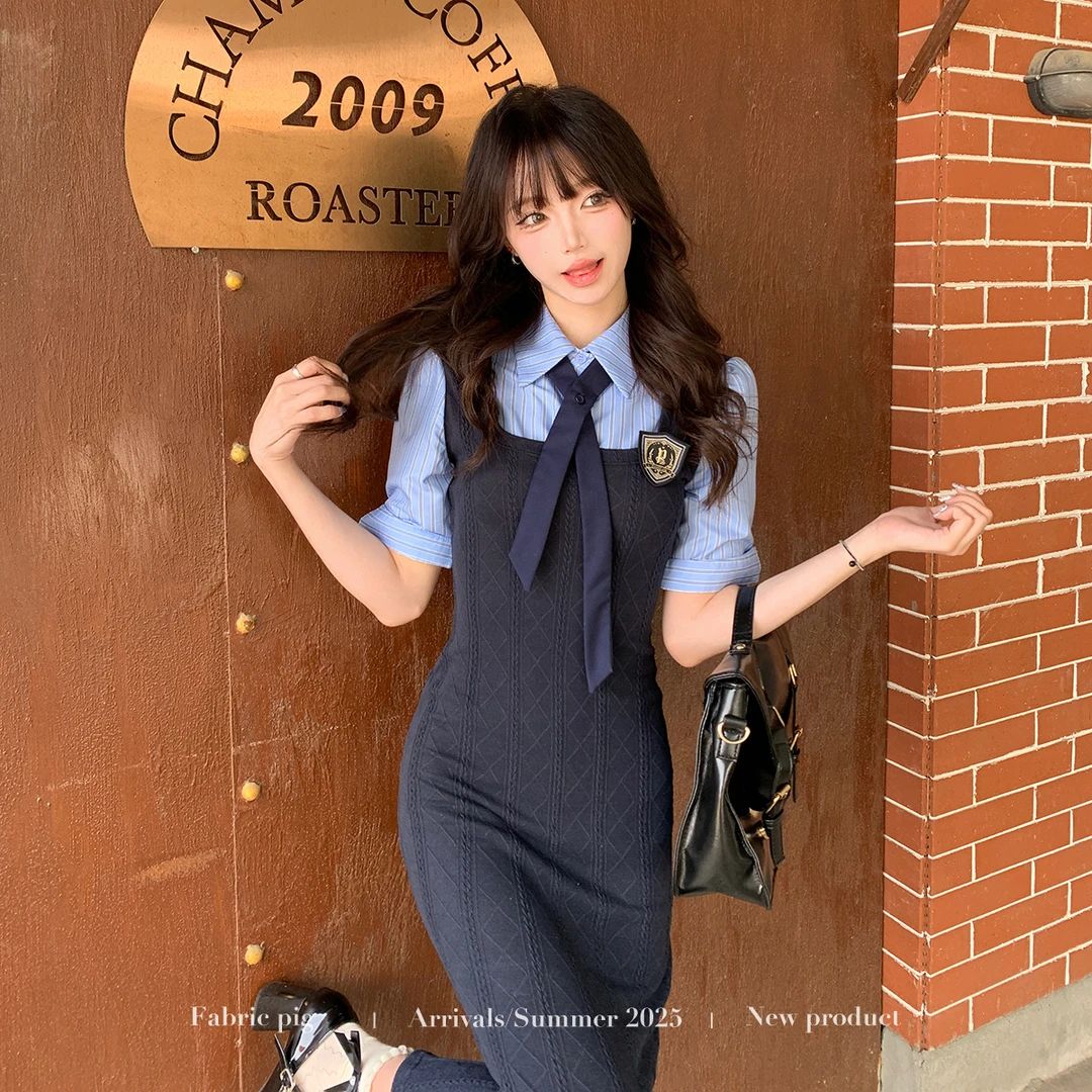 赫拉学姐长短 织物猪原创 绀蓝美式甜辣学院风收腰显瘦JK制服