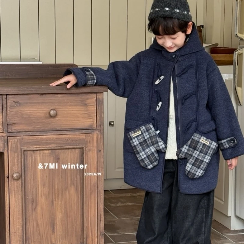 女童大童2025冬季新款英伦风加厚木耳帽保暖风衣韩版百搭童装