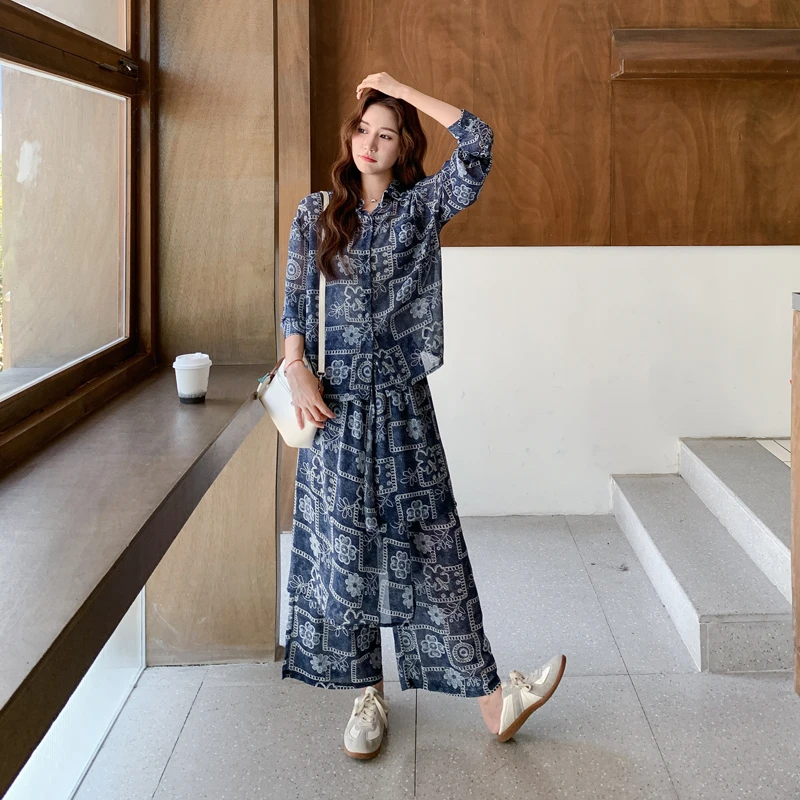 酷飒风洋气炸街印花套装女2025年秋季新款高级感衬衫阔腿裤两件套