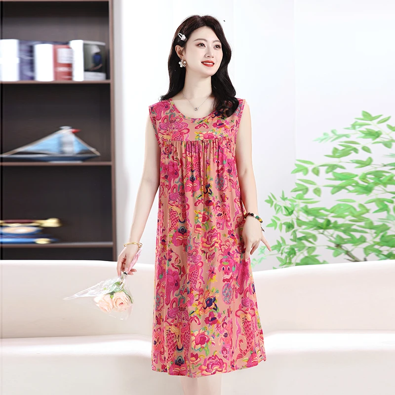无袖新款睡裙夏季中长款棉绸睡衣女休闲百搭可外穿加大棉绸睡裙