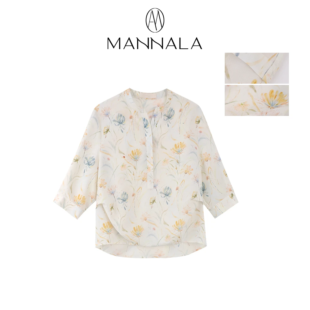 MANNALA丨“夏满”14mm醋酸双绉雏菊藤蔓纹桑蚕丝短袖衬衫 Q2613