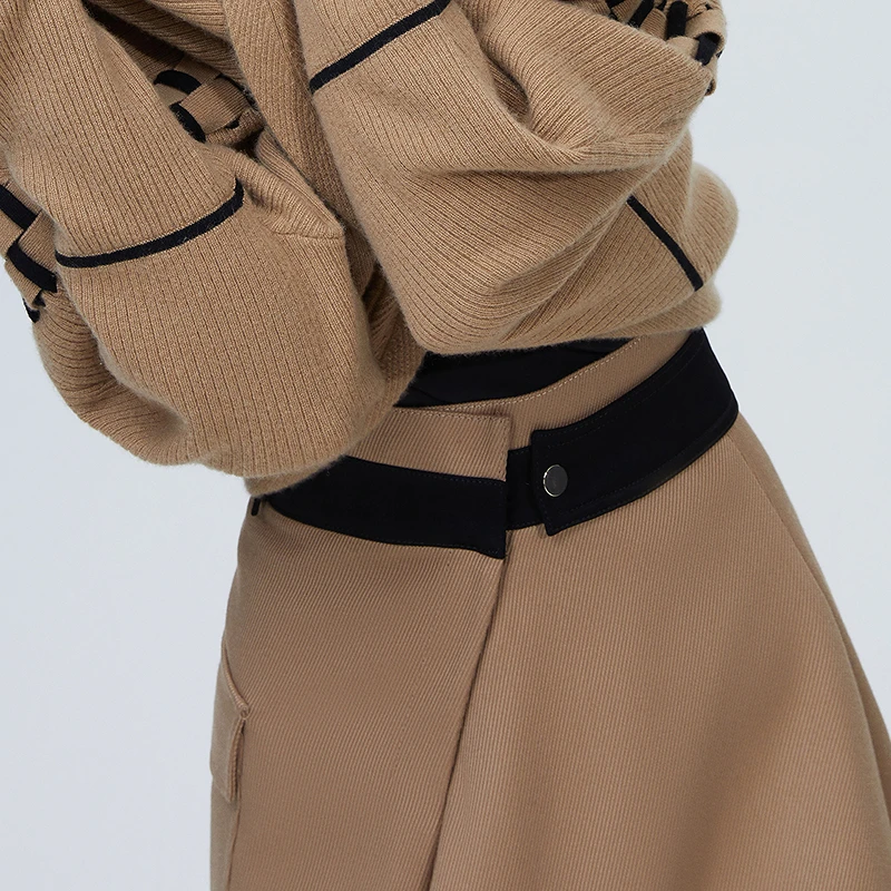 IMM尹默女装春秋卡其设计感拼接气质通勤中腰半身裙