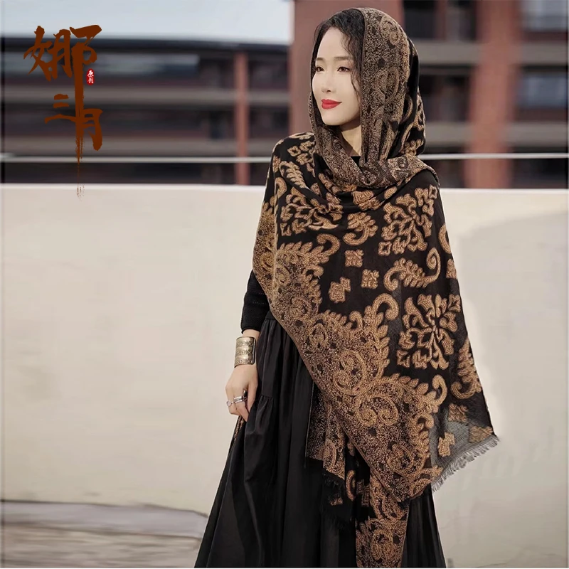 复古【多吉】图腾刺绣高贵丝巾高端外搭披肩沙滩海边旅行女式围巾