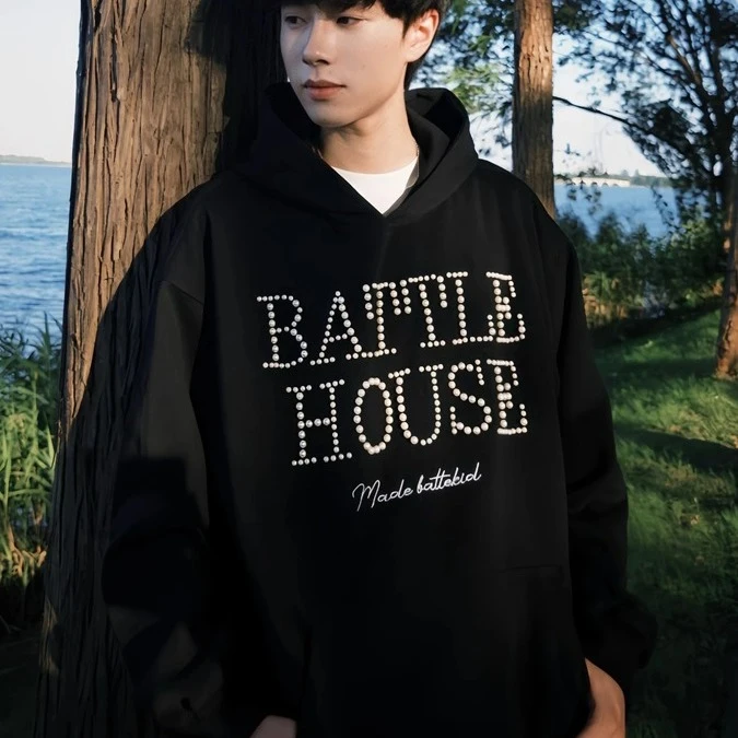 春秋钉珠字母秋季男女同款宽松休闲连帽卫衣情侣装潮牌男士上衣