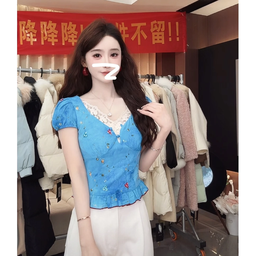 西恩定制●【在逃公主】夏季时尚气质百搭卡普里蓝刺绣上衣X5TX1234