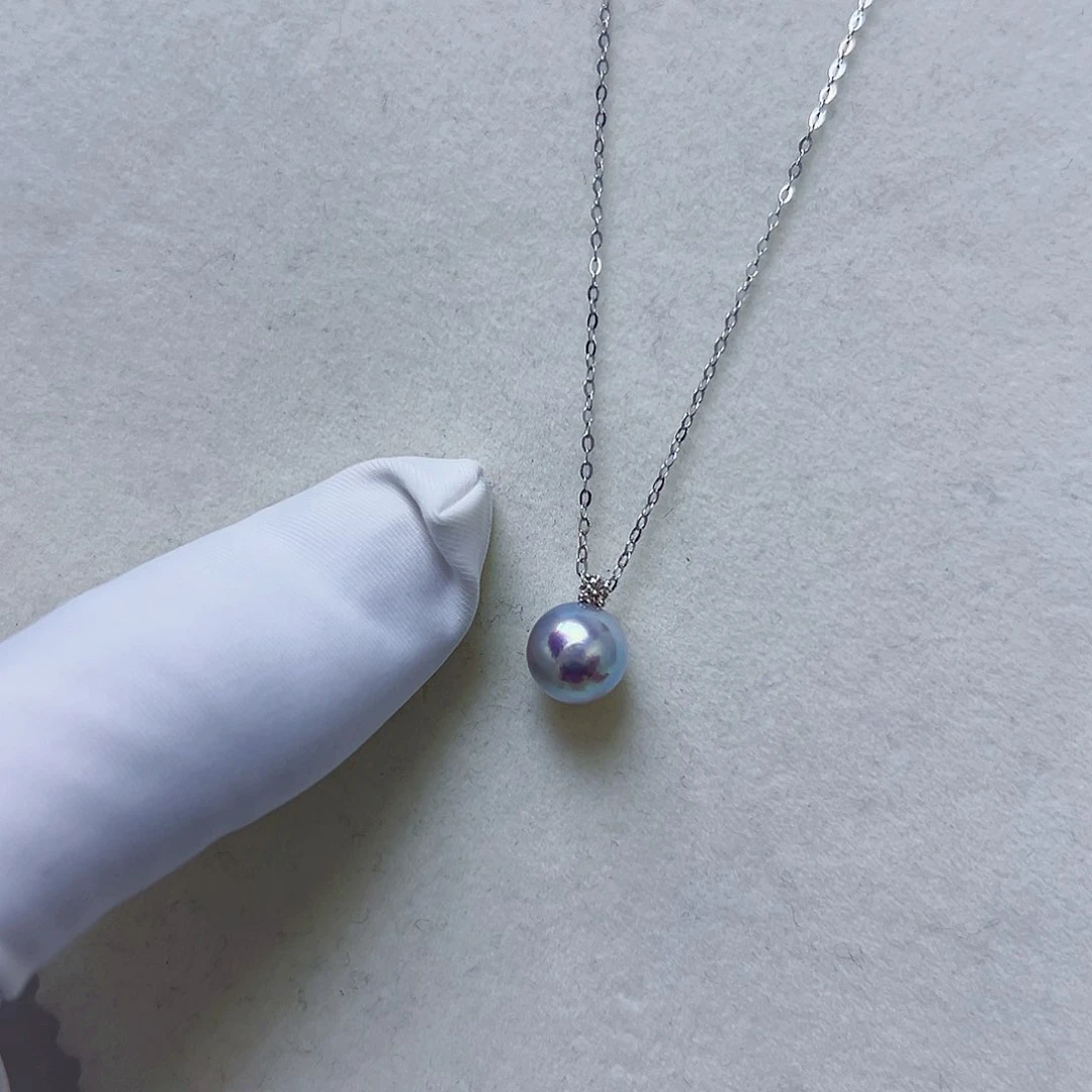 海水珍珠海水akoya真多麻色吊坠8-9mm18K金镶嵌