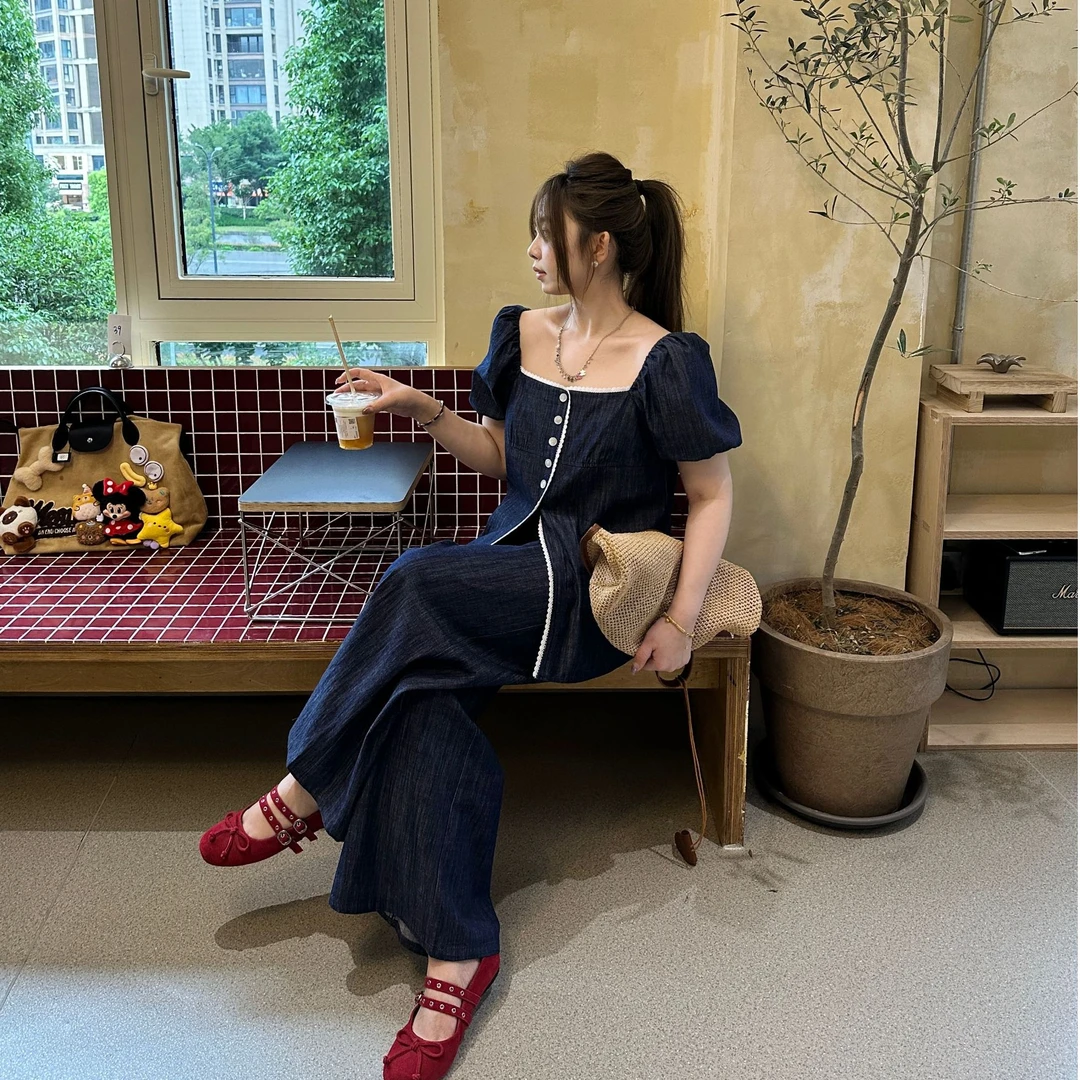 软软【首尔蓝调】复古方领泡泡袖牛仔短袖上衣+阔腿牛仔裤