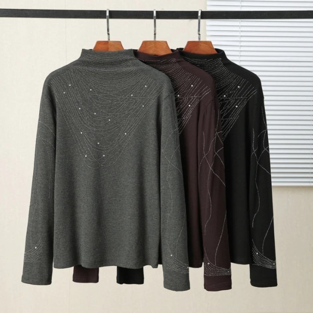 13748（3）拼接烫钻T恤长袖立体装饰半高领波点打底衫