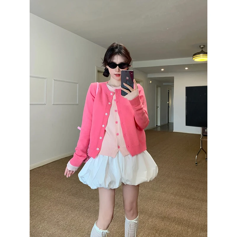 韩系假两件玫红色针织开衫女春季宽松圆领减龄甜美上衣高腰半身裙