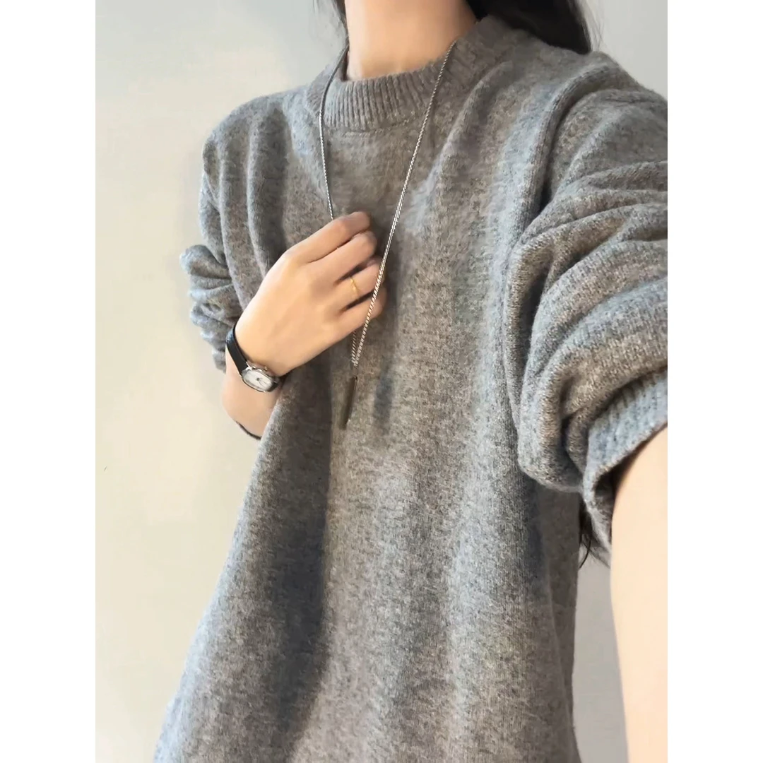 cleanfit灰色重磅圆领毛衣男冬季美式慵懒宽松休闲针织内搭打底衫