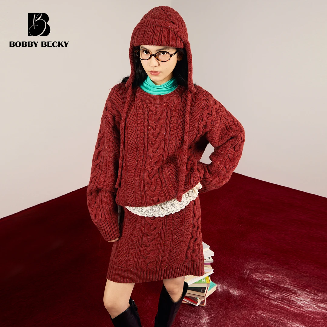 BobbyBecky经典百搭100%羊毛粗针毛线帽重磅绞花毛衣半裙毛线帽