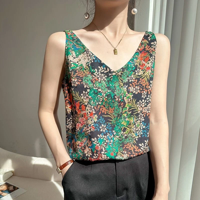 花色织锦V领百搭吊带HP