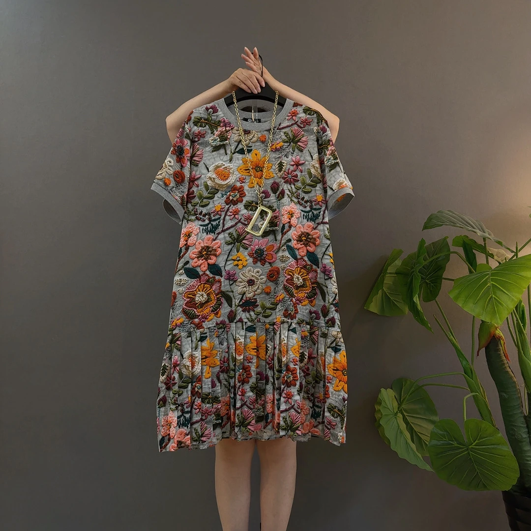 碎花夏季鱼尾裙印花大码轻奢连衣裙气质苹果型身材胖MM高端大气