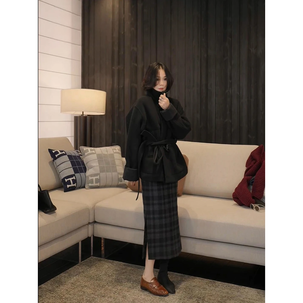 SHIIEELL蓝灰杂色定纺格纹直筒侧扣绵羊毛半身裙 P3166