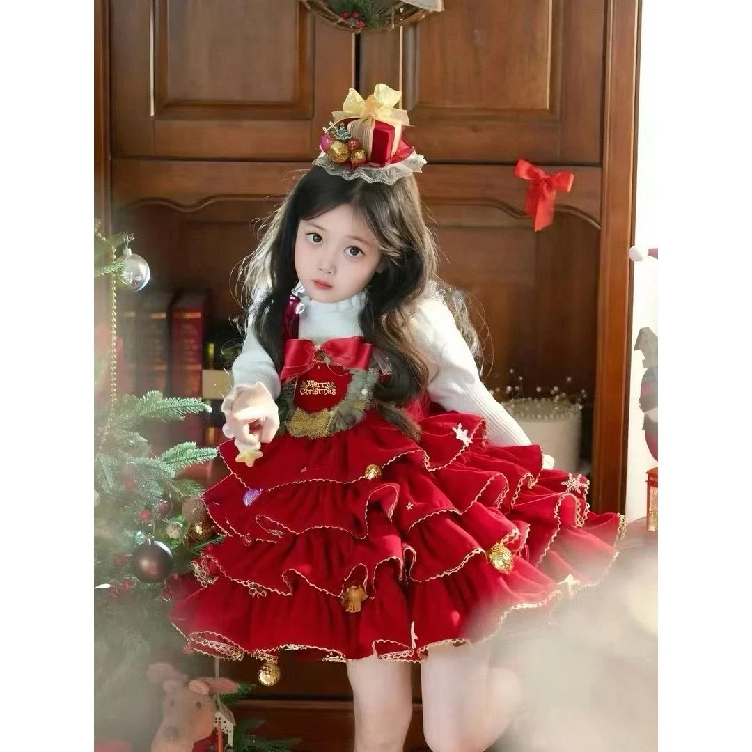 奥莱正品2026新款女童秋冬圣诞装洛丽塔连衣裙女宝公主裙儿童礼服