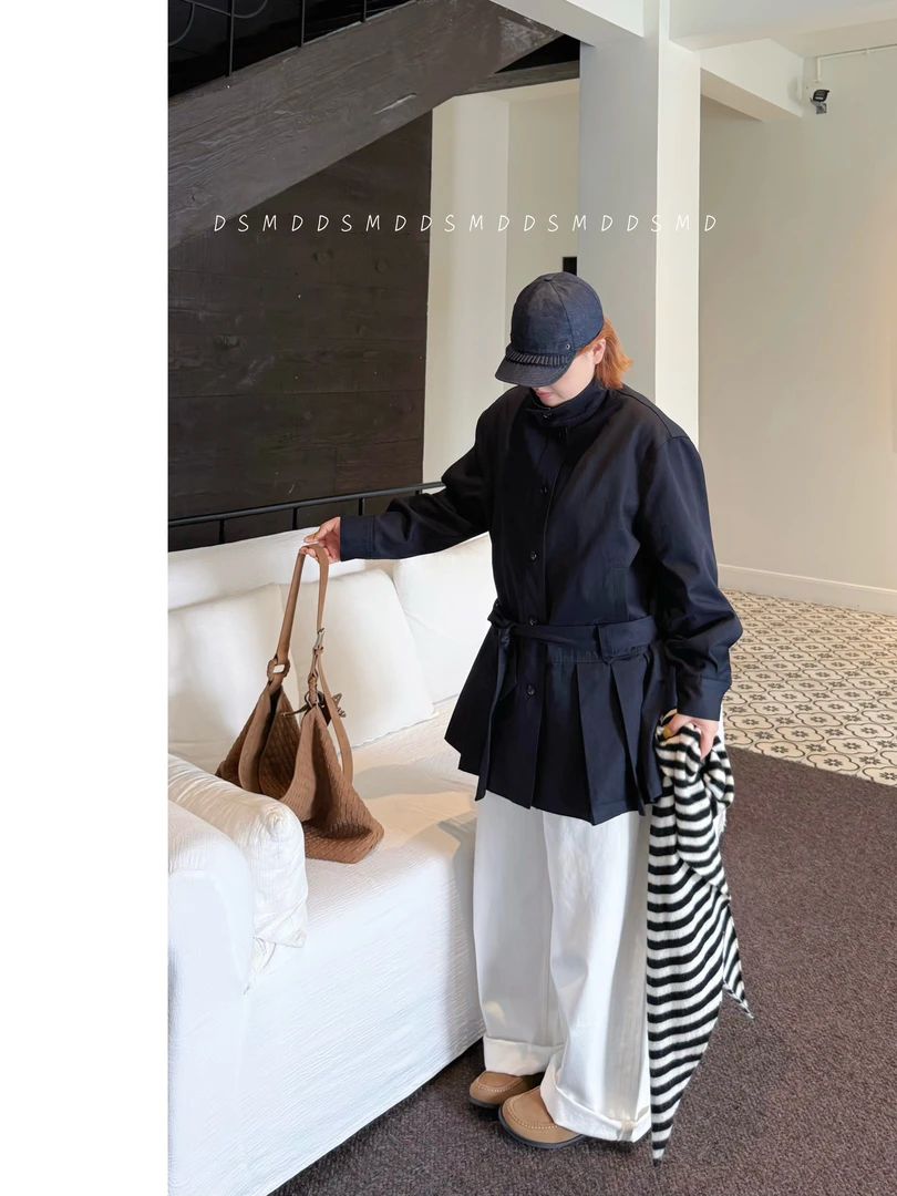 老钱麦尔登 | D S M D | 大码女装小众百褶绑带风衣外套