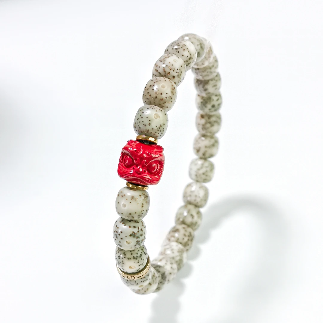 原生态海南石玉料星月菩提手串国潮辰砂醒狮招财星月文玩小配饰