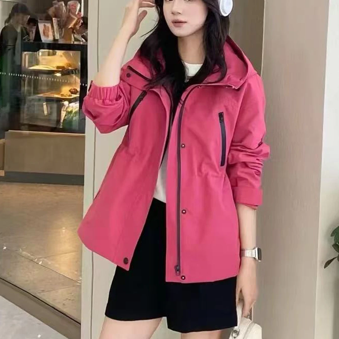 大码女装秋装新款风衣外套胖妹妹中长款连帽工装软壳冲锋衣收腰