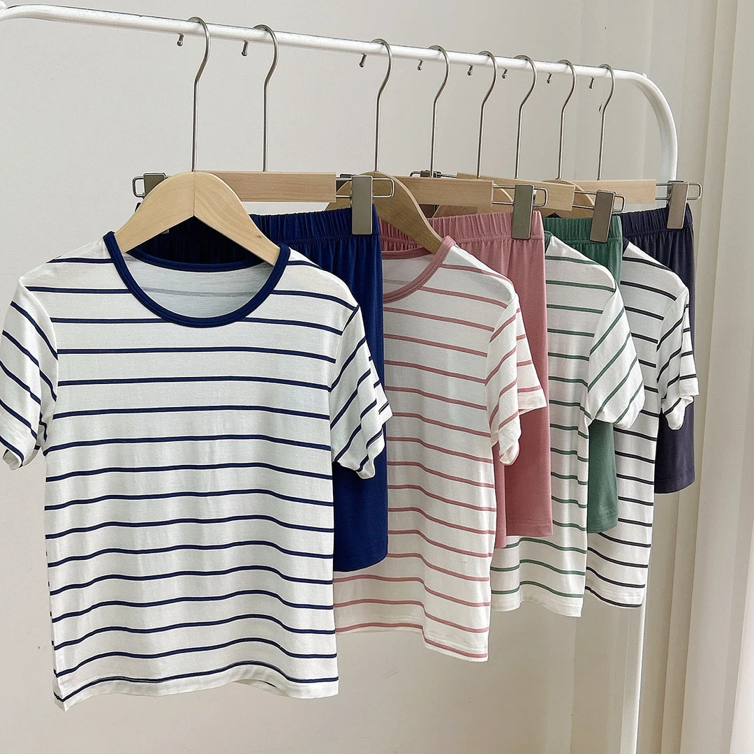 柔糯儿童短袖短裤套装 男童女童夏季薄款条纹家居服 夏款童装