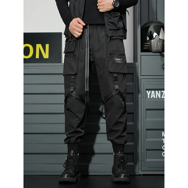 彦正战术机能多口袋潮流工装束脚裤伞兵飘带设计感潮牌黑色休闲裤