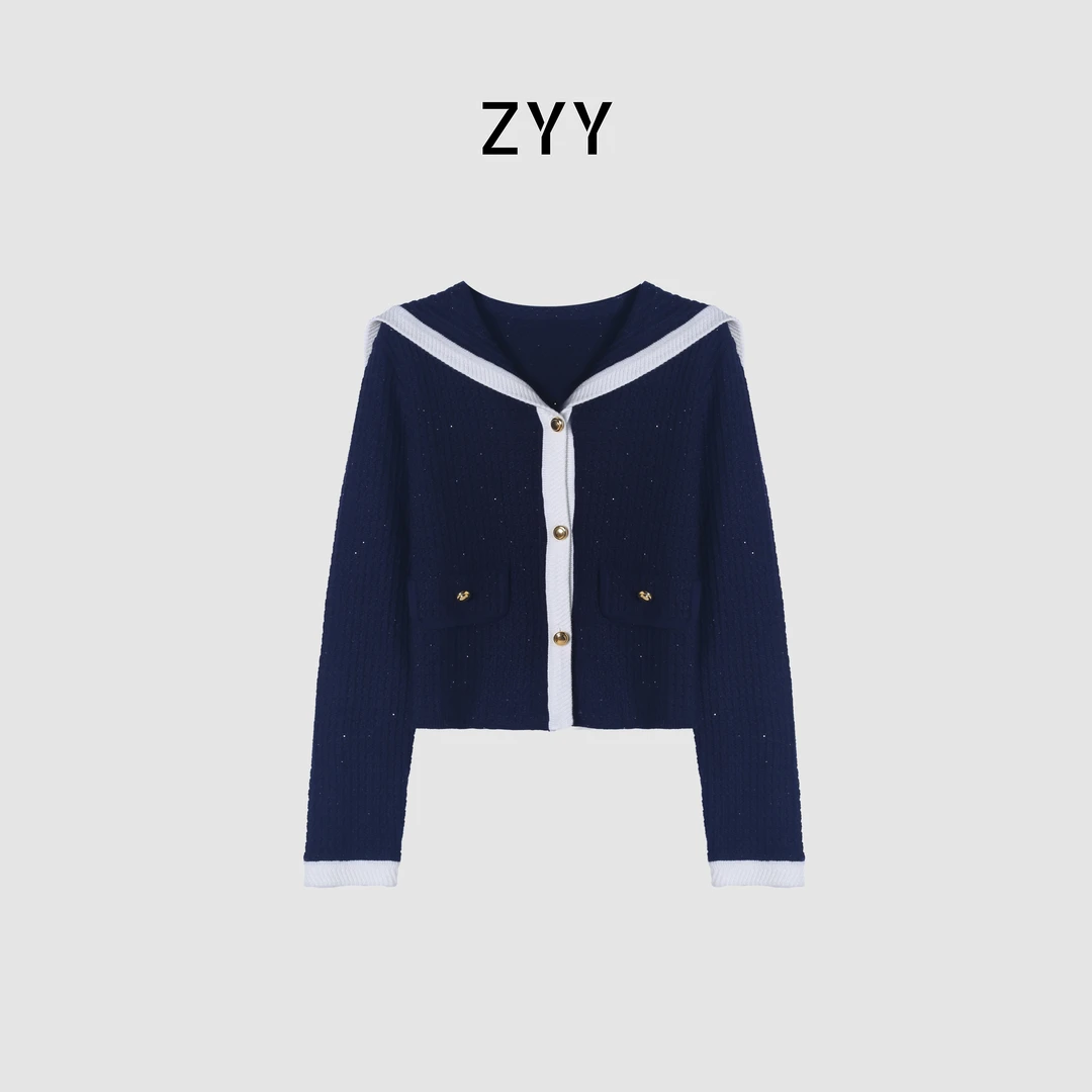 ZYY【法香赫拉】2025S/S新品香风撞色海军领针织衫女X25DMZZS04685