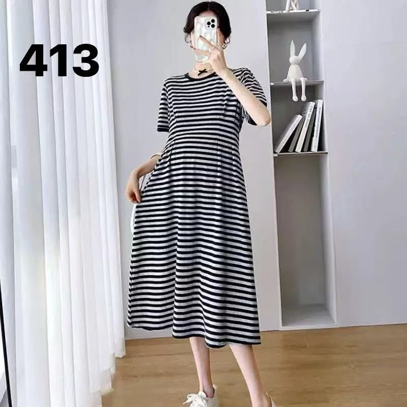 413中腰时尚韩版圆领连衣裙条纹短袖T恤裙中长款辣妈夏季