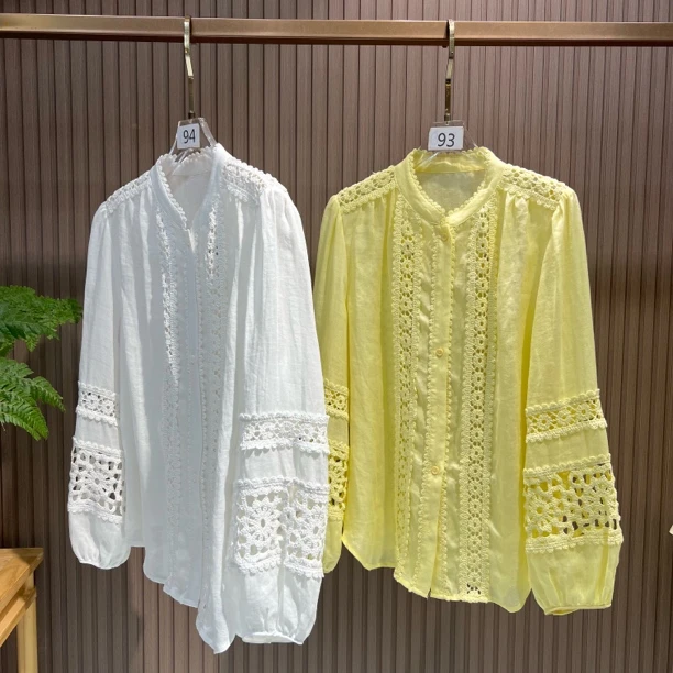 麦浪晴空 夏季新款重工刺绣缕空亚麻长袖衬衫上衣