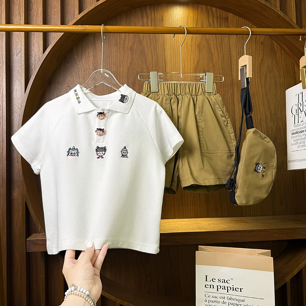 高定珠地棉重工刺绣哪吒系列男女童透气POLO短袖
