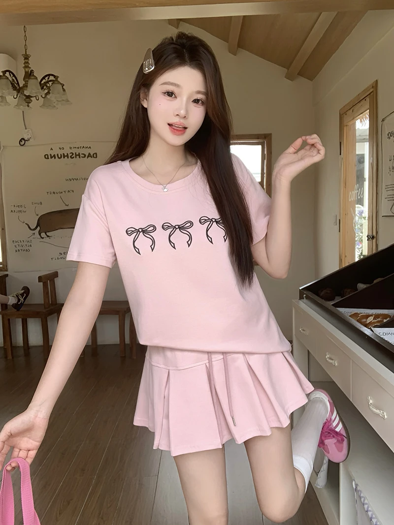 【运补6-10】2025夏装新款大码女时尚休闲蝴蝶结印花短袖短裙套装