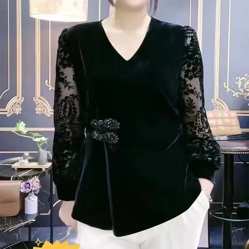 妈妈春秋长袖打底衫外穿蕾丝盘扣新中式小衫洋气显瘦大码丝绒上衣
