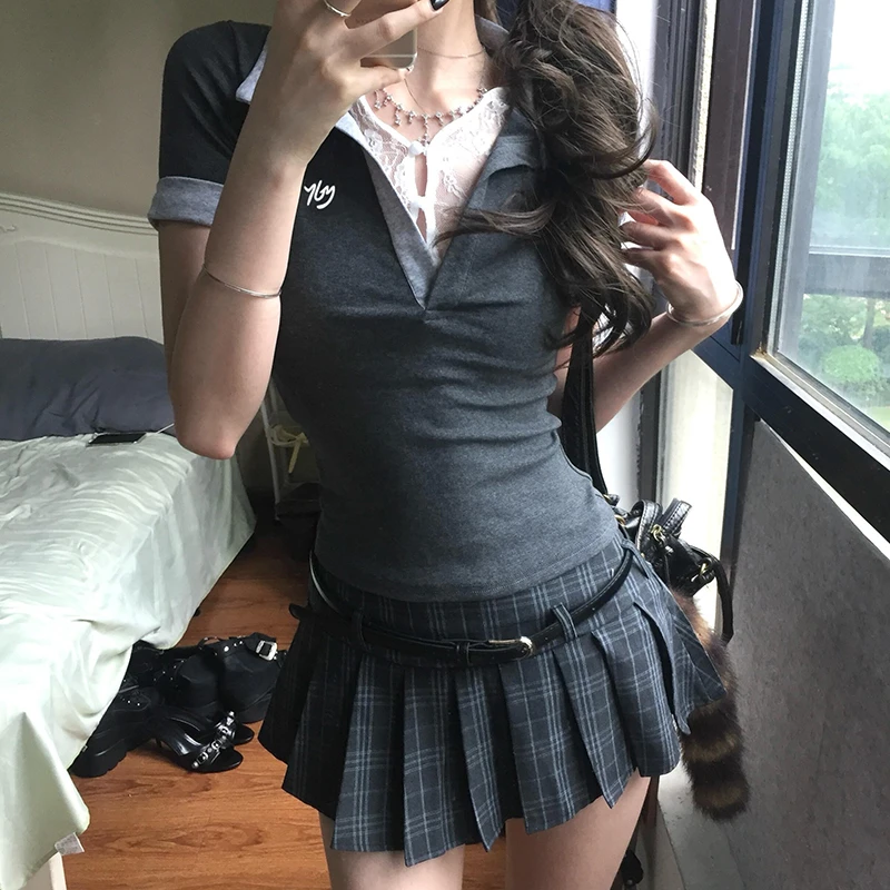 假两件polo领正肩短袖t恤女夏2025新款美式收腰显瘦辣妹短款上衣
